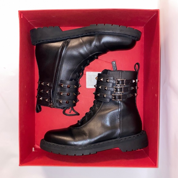 VALENTINO NWT Rockstud Buckle Accents Leather Combat Boots Size 39 - Picture 12 of 15